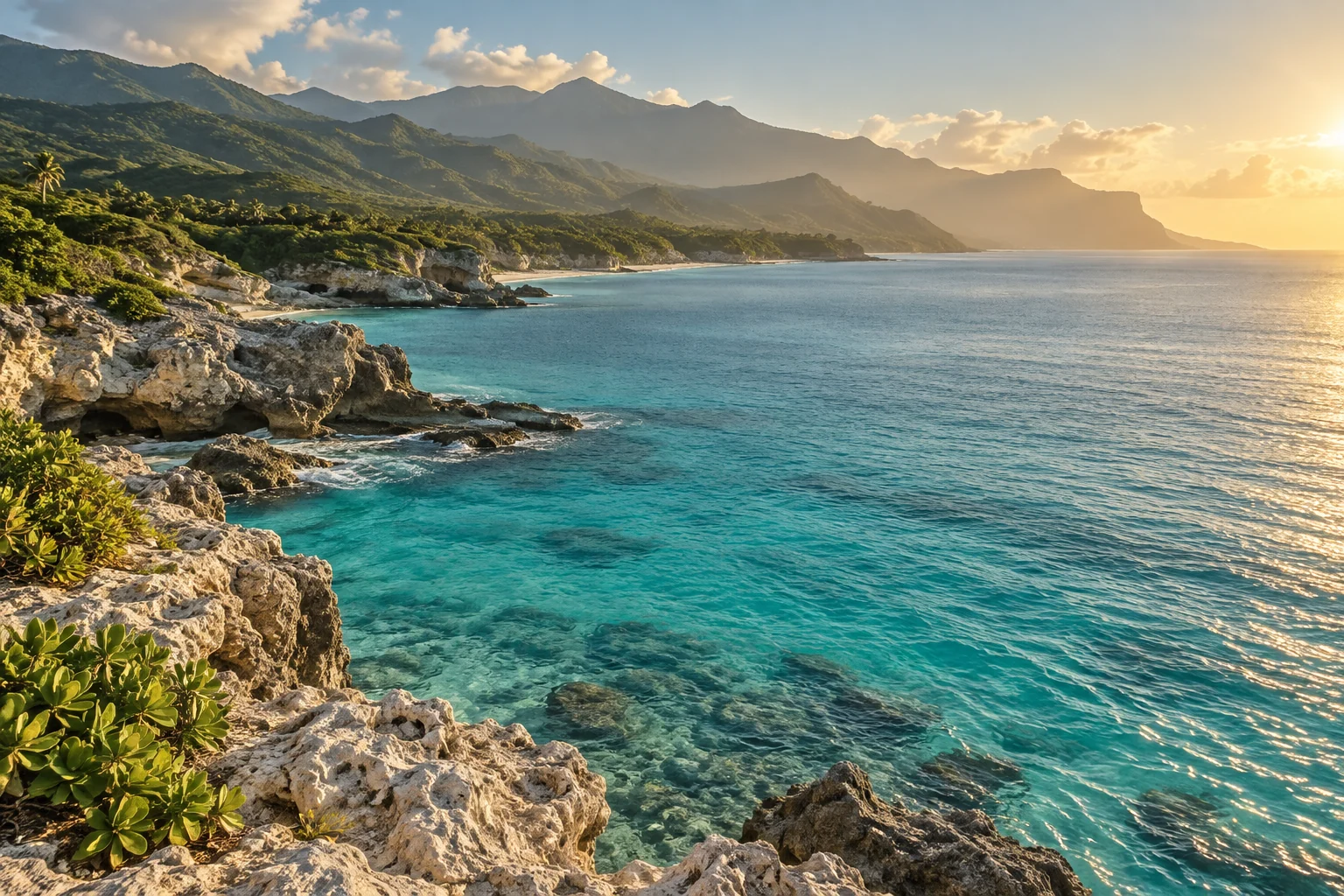 Turquoise Caribbean coastline and green hills